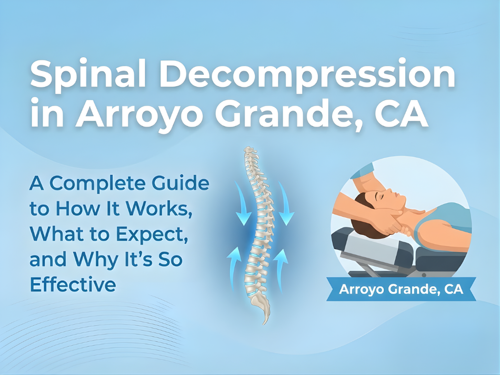 Informational graphic about spinal decompression in Arroyo Grande, CA, featuring a spine illustration and a person receiving neck treatment.