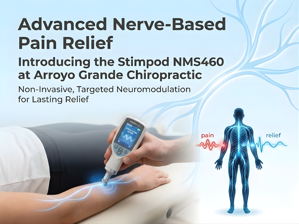 "Advertisement for advanced nerve-based pain relief using Stimpod NMS460 at Arroyo Grande Chiropractic. A hand holding the device treats a patient's arm. Blue lines signify nerve pathways. An illustration of a human silhouette shows transition from pain to relief. Text highlights non-invasive, targeted neuromodulation." | Bend Chiropractic