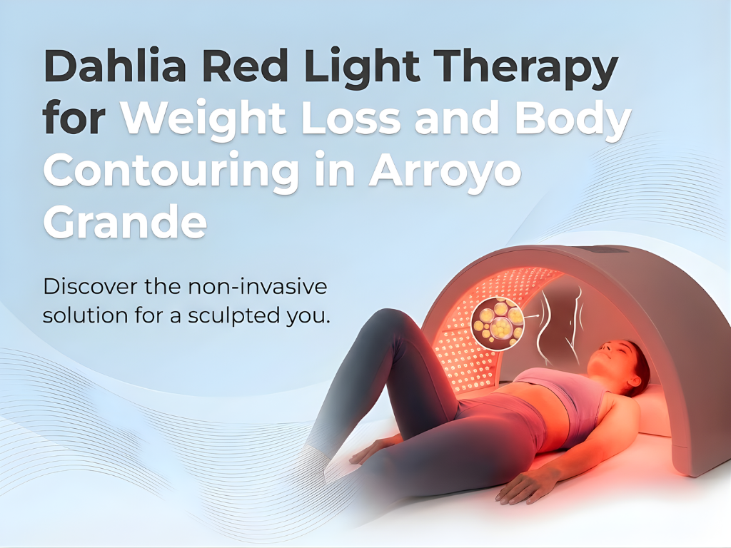 Image of a person lying under a curved red light therapy device called Dahlia Red Light Therpahy. Text promotes "Dahlia Red Light Therapy" for weight loss in Arroyo Grande. The tone is calming and wellness-focused.