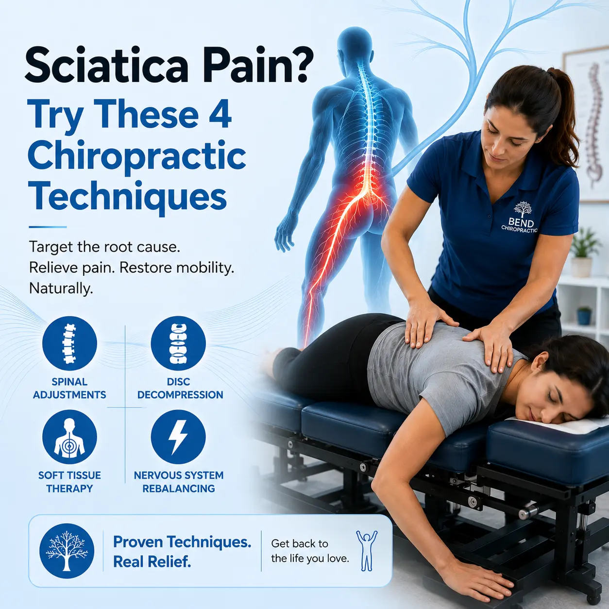 chiropractor treating a patient. Highlights four techniques for sciatica pain relief: spinal adjustments, disc decompression, soft tissue therapy, and nervous system rebalancing. A silhouette with a highlighted spine conveys focus on natural pain relief and mobility restoration.